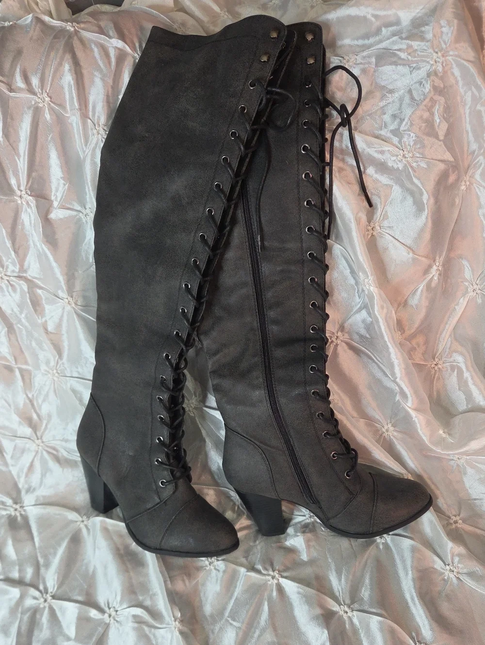 Forever New Charcoal Lace-Up Over-the-Knee Heeled Boots
